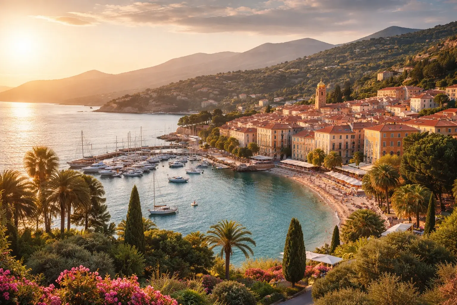 Panorama en France avec lumière dorée, village, mer et montagnes