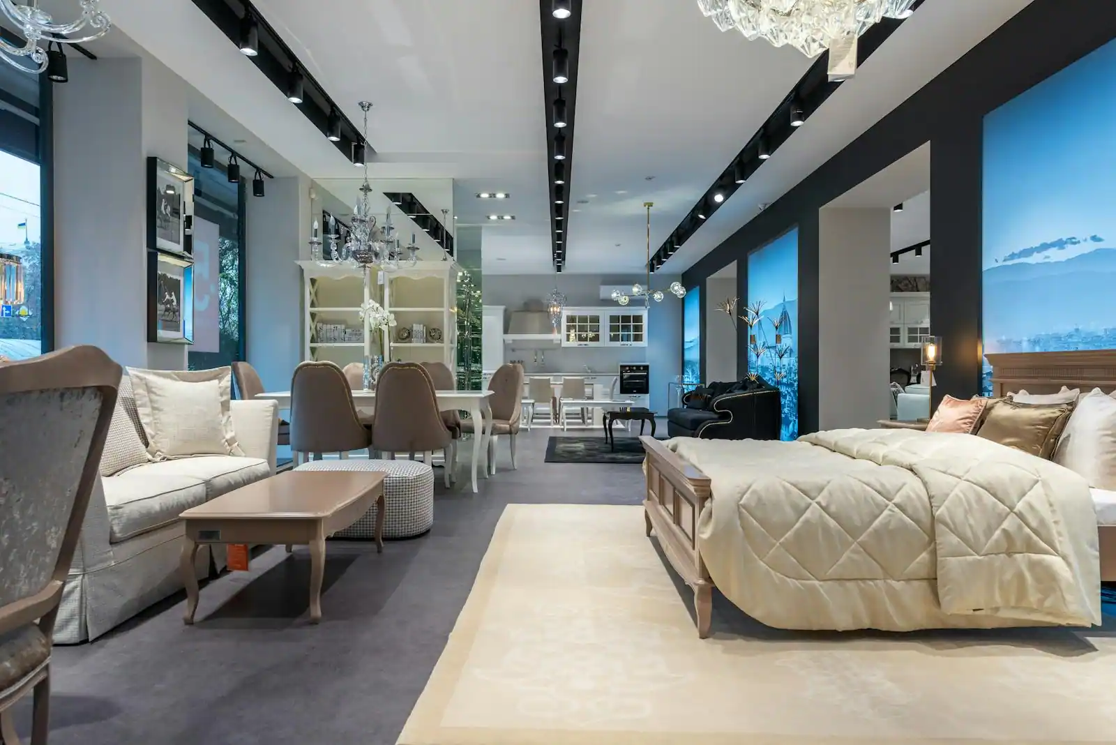 Allée d'un grand magasin d'ameublement avec canapés et meubles exposés