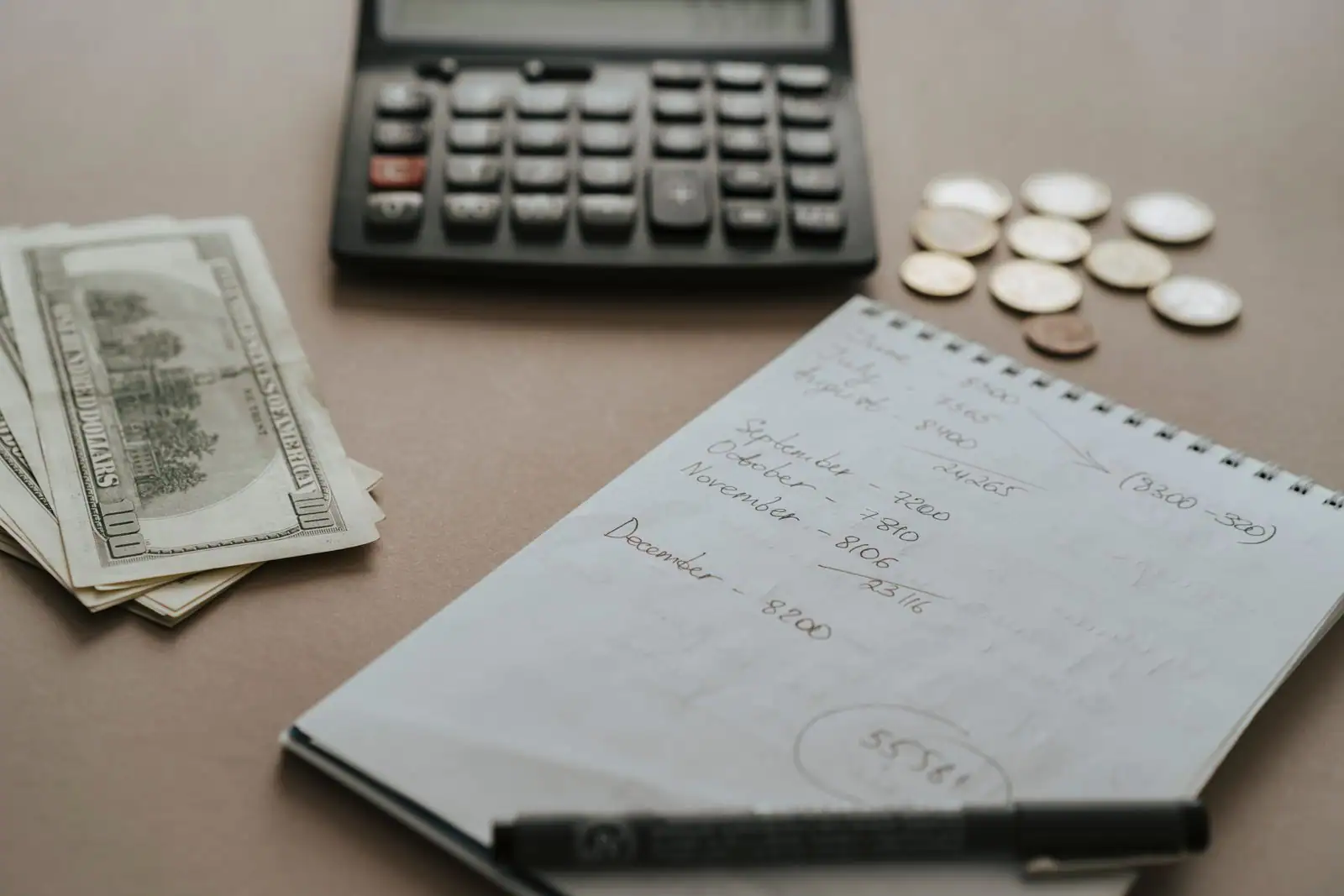 Sur un bureau, un carnet, une calculatrice et des pièces de monnaie pour établir un budget.