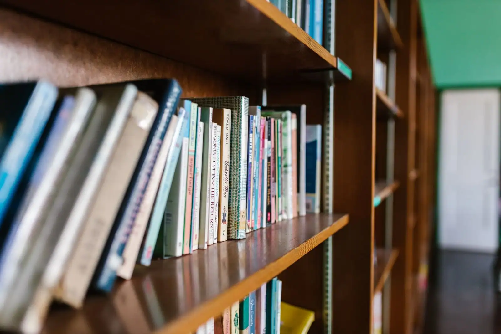 Rayonnages en bois garnis de nombreux livres colorés, dans une ambiance de lecture chaleureuse.